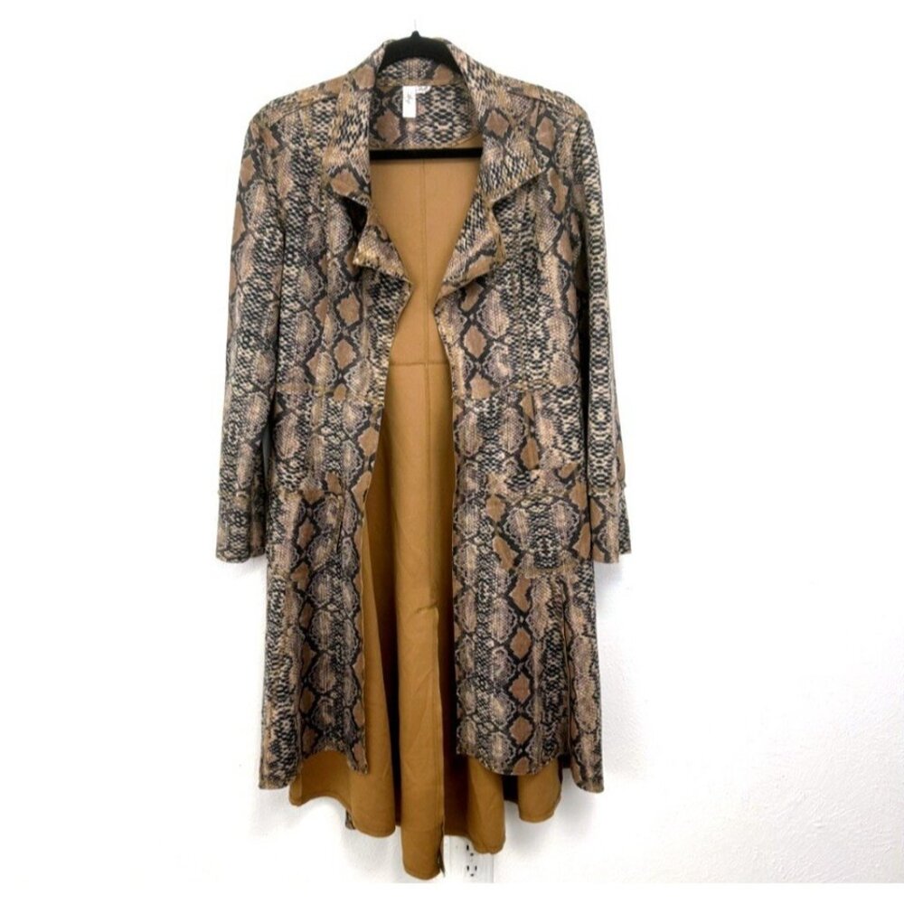 Ethyl Brown Snake Print Swing Duster Jacket Open Front‎ Size S Pockets Bohemian